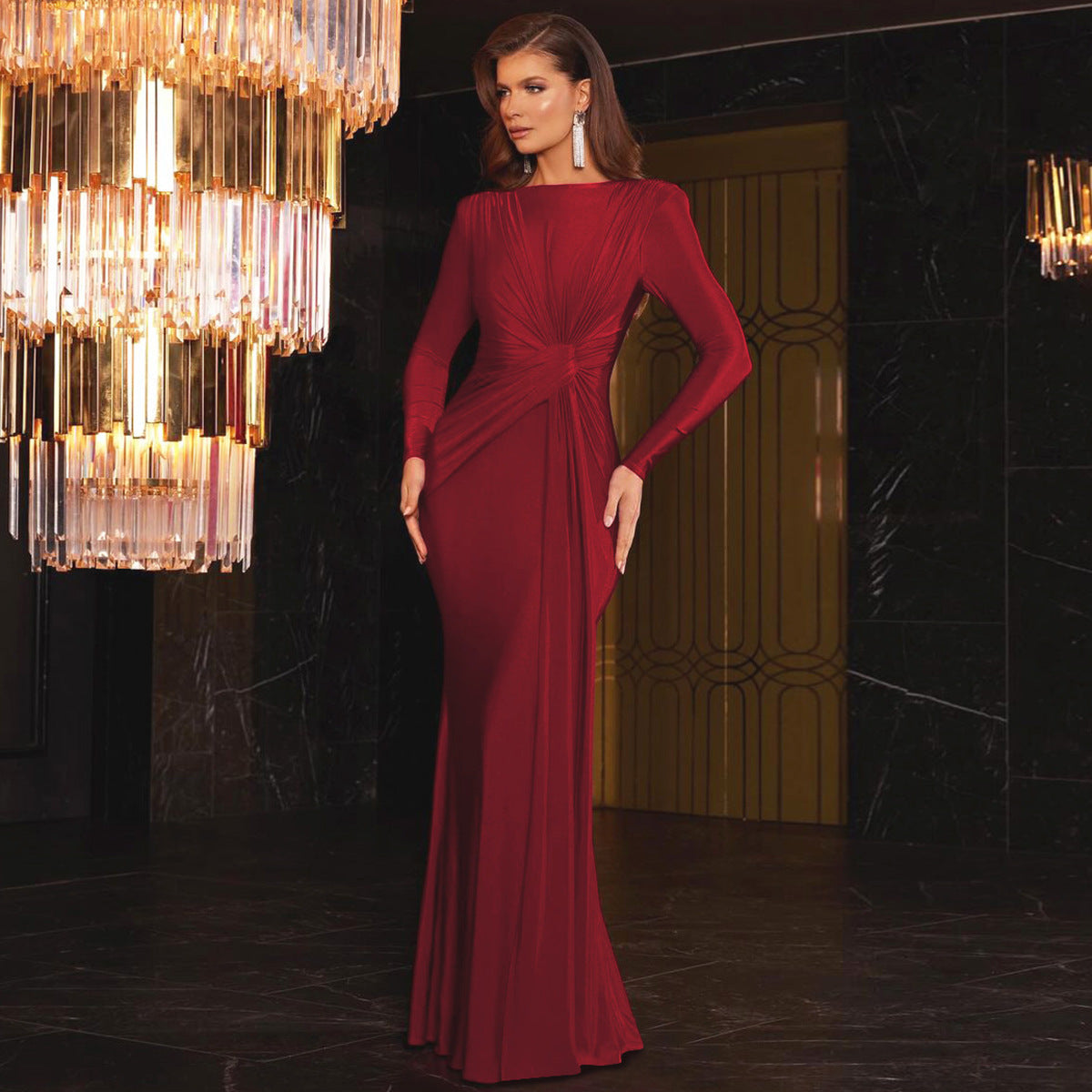 Dress for Women – Satin – Slim Fit – Long Sleeve – Round Neck – Floor-Length Party Dress