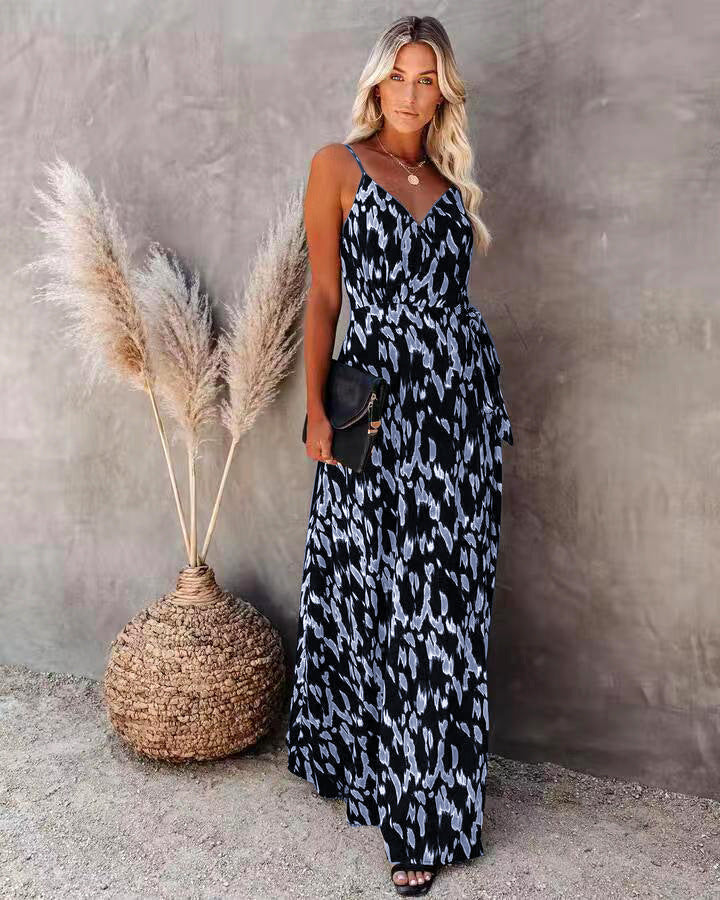 Dress for Women – Slim Fit – A-line – Spaghetti Straps – V-neck – Patterned