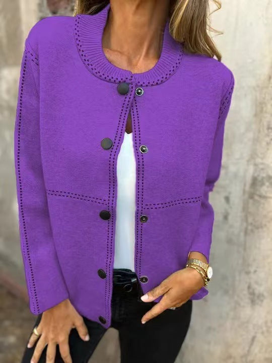 Women's Cardigan – Loose Fit – Knitted Texture – Button Front – Round Neck