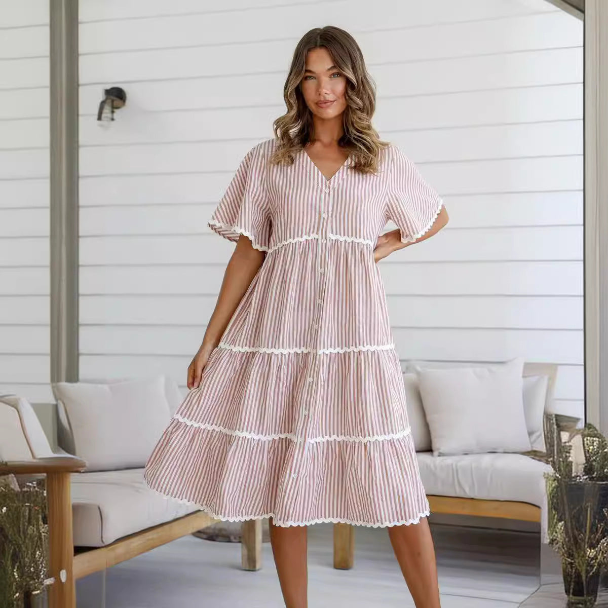 Dress for Women – V-neck – Loose Fit – Lace Trim – Knee-length with Ruffles