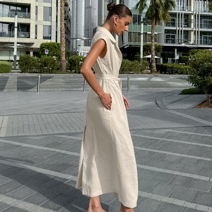 Women's Dress – Cotton Linen Blend – Sleeveless – Tie Belt – Ankle Length with Slit