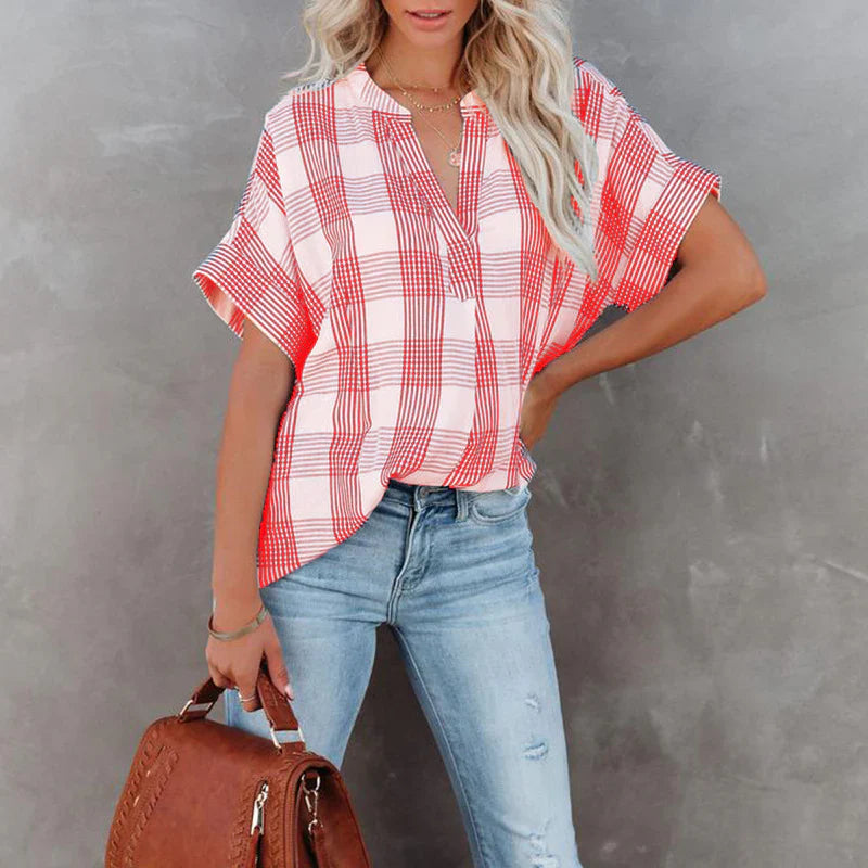 Women's Blouse – Relaxed Fit – Check Pattern – Light Cotton – Short Sleeves
