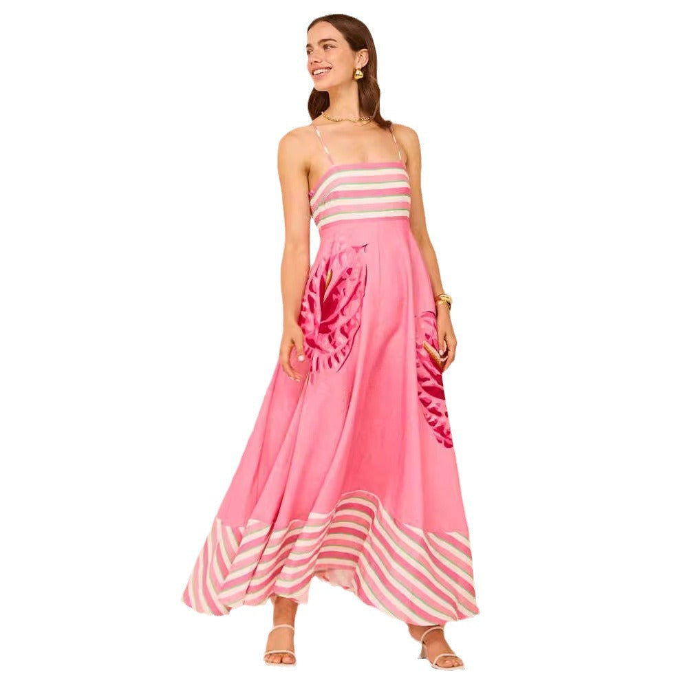 Women's midi dress – A-line fit – Smocked bodice – Spaghetti straps – Patterned
