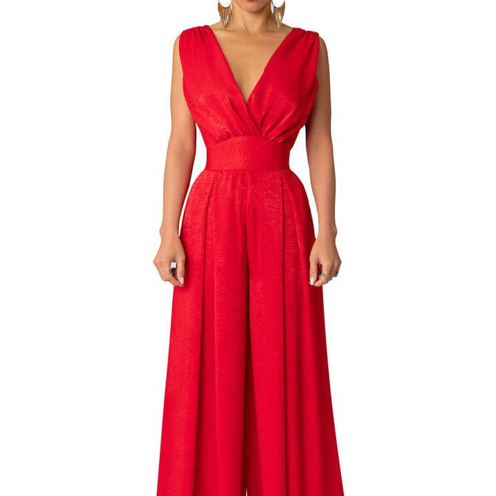 Dame Jumpsuit – Høy Midje – Dyp V-hals – Vid Ben – Ermeløs Elegant Passform