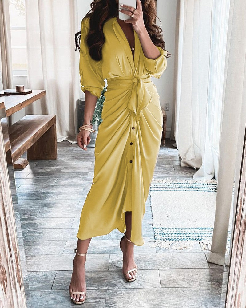 Women's Maxi Dress – V-Neck – Front Buttons – Tie Belt – Long Sleeves – Cotton Blend