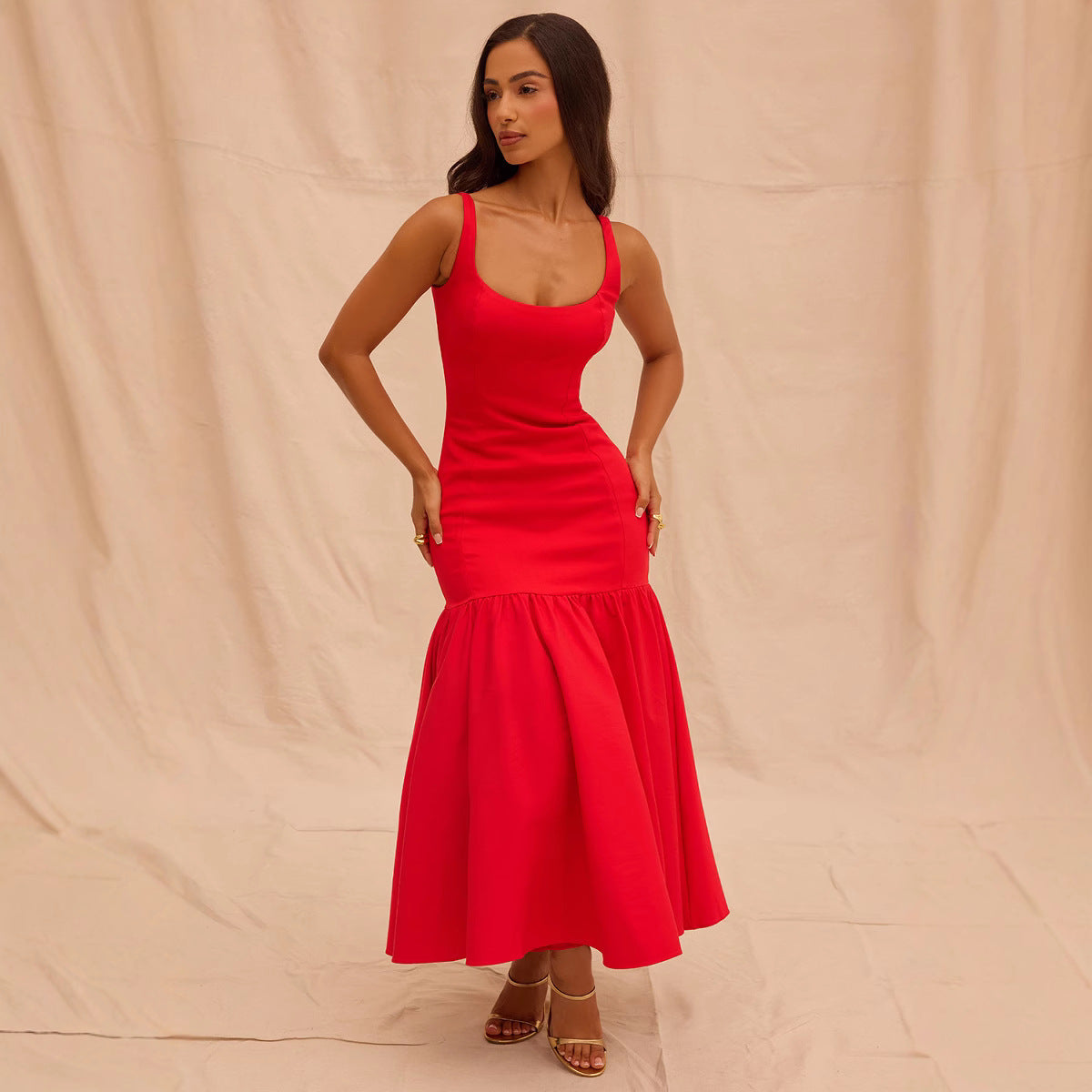 Dress for Women – Satin – Slim Fit – Sleeveless with Round Neck – Midi Length