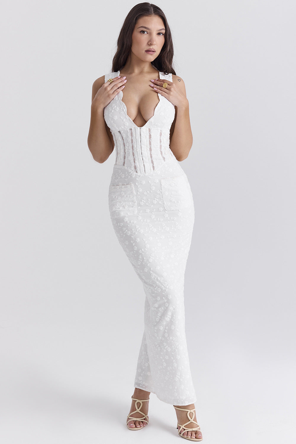 Dress woman – lace – tailored fit – deep neckline – full length elegance