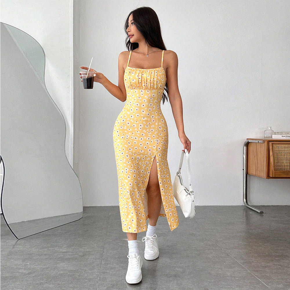 Dress for Women – Slim Fit – Spaghetti Straps – Floral Print – Slit – Cotton Blend