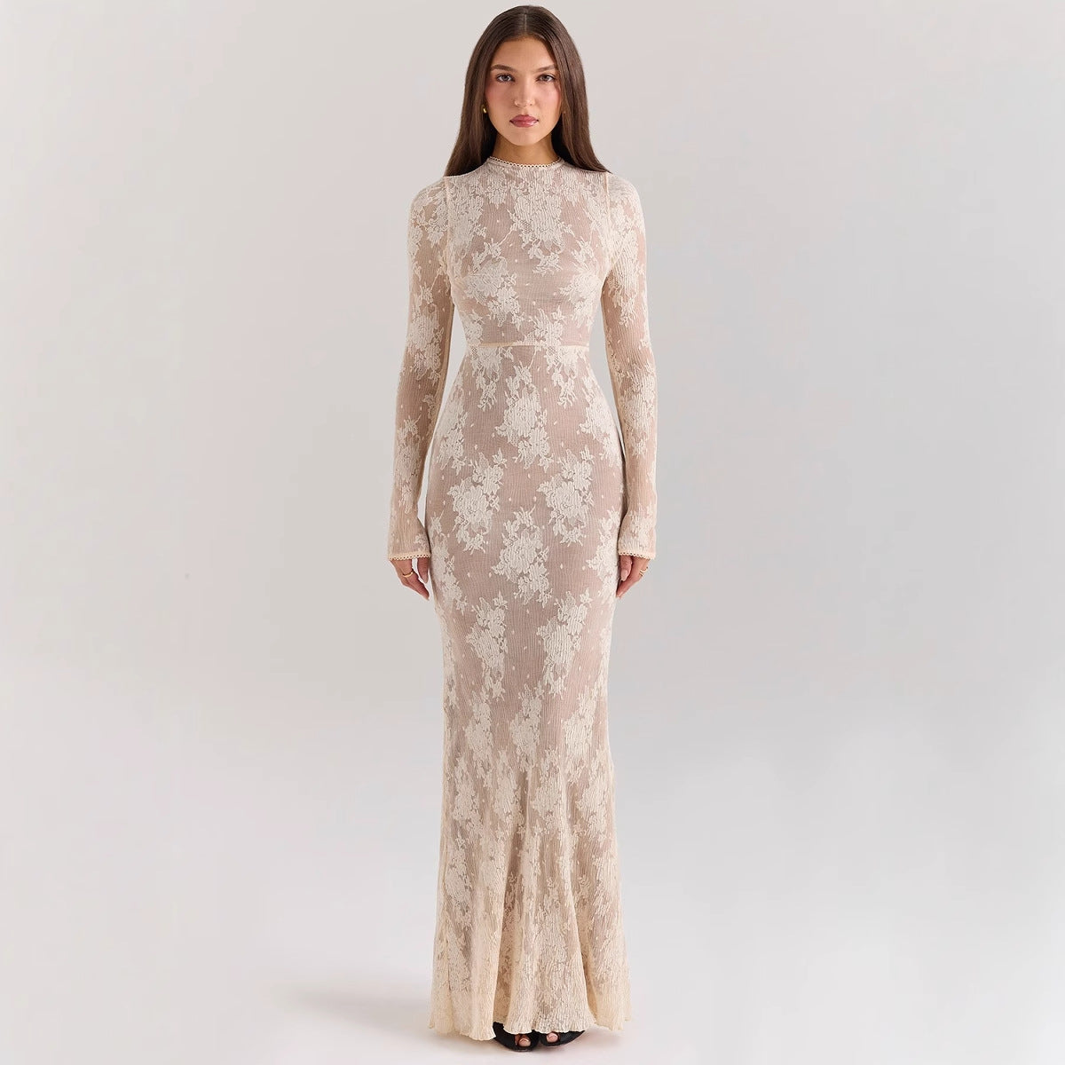 Dress for Women – Slim Fit – Lace – Long Sleeved – Floor Length with Mermaid Shape – High Neck