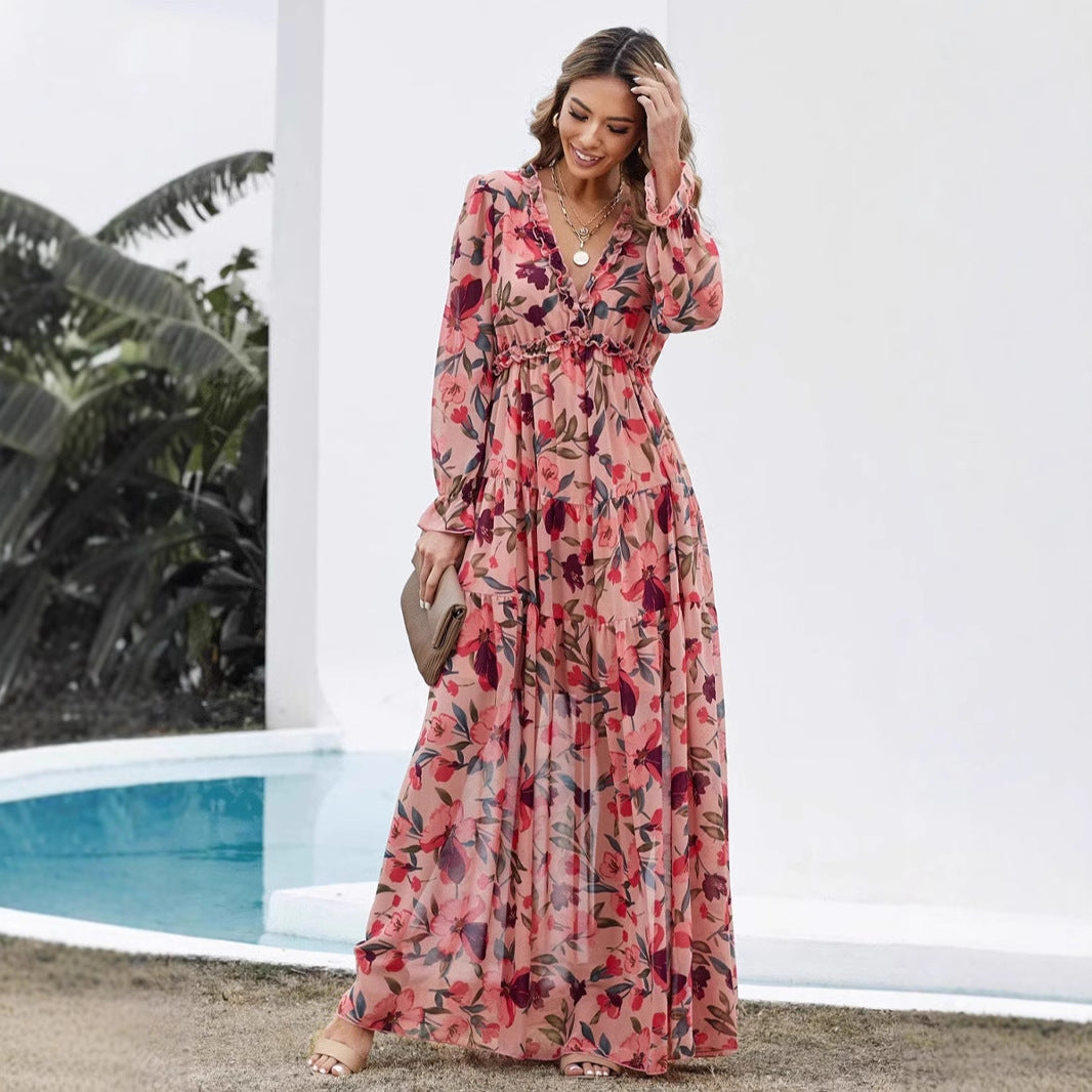 Kjole for dame – Chiffon – Bohemsk passform – V-hals – Blomsterprint – Maksilengde