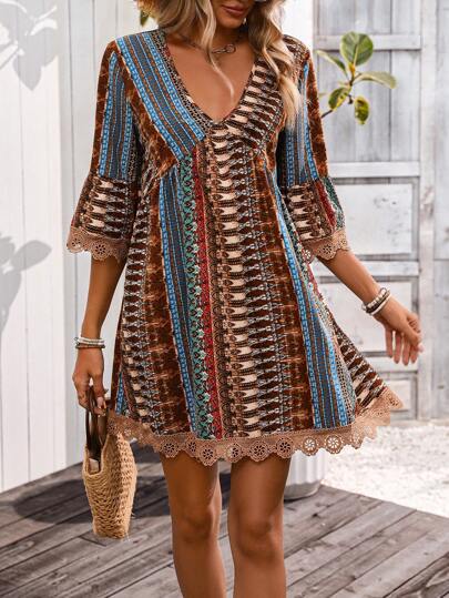 Dress woman – V-neck A-line – Boho pattern – Lace – 3/4 sleeves breathable fit