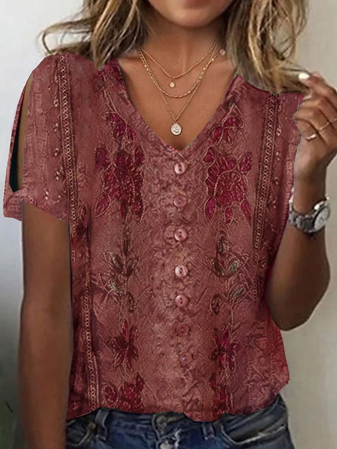 Women's Blouse – Relaxed Fit – V-Neck – Buttons – Embroidered Boho – Soft Fabric