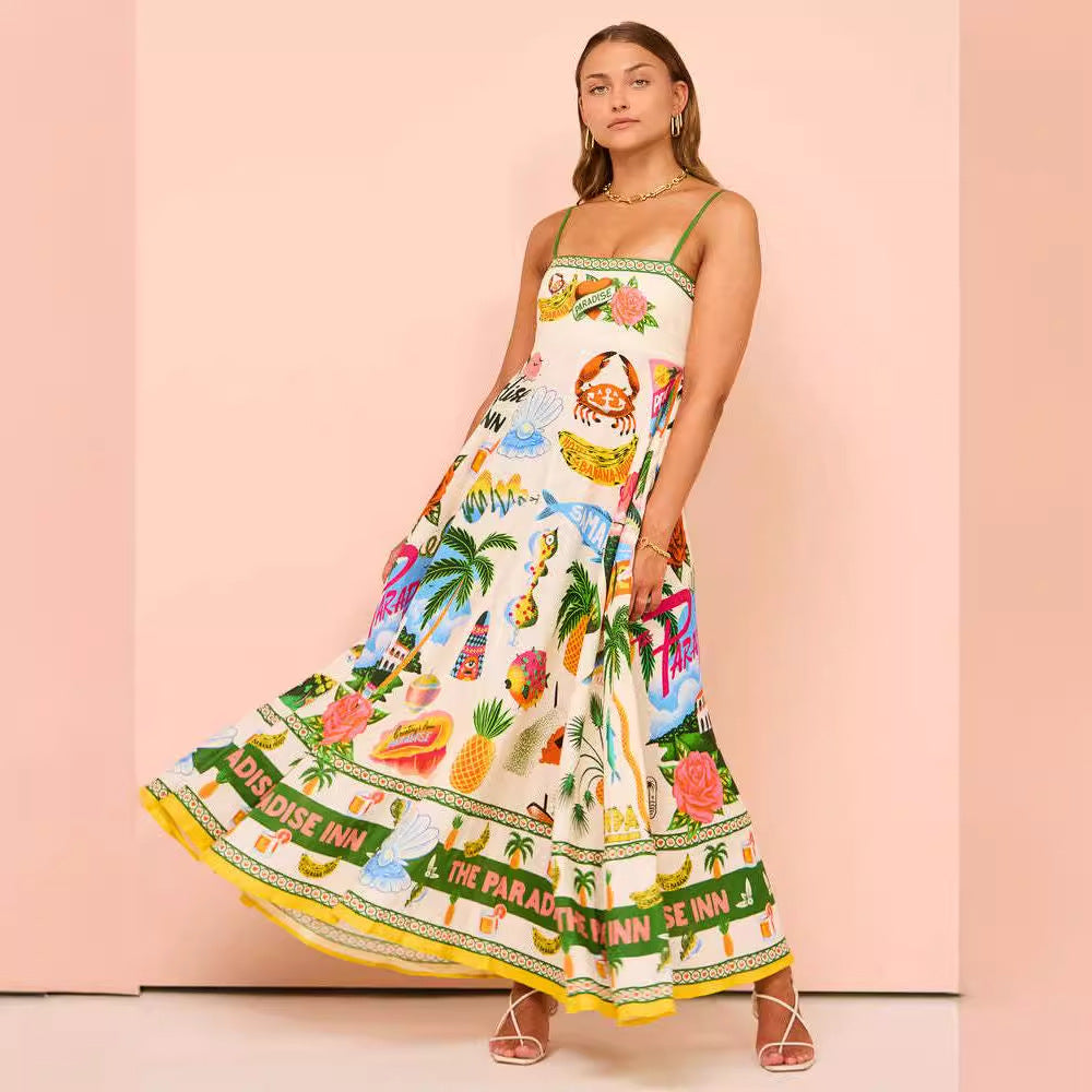 Women's midi dress – A-line fit – Smocked bodice – Spaghetti straps – Patterned