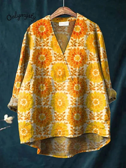 Women's Shirt with Long Sleeves – Relaxed Fit – V-neck – Breathable Fabric – Digital Pattern