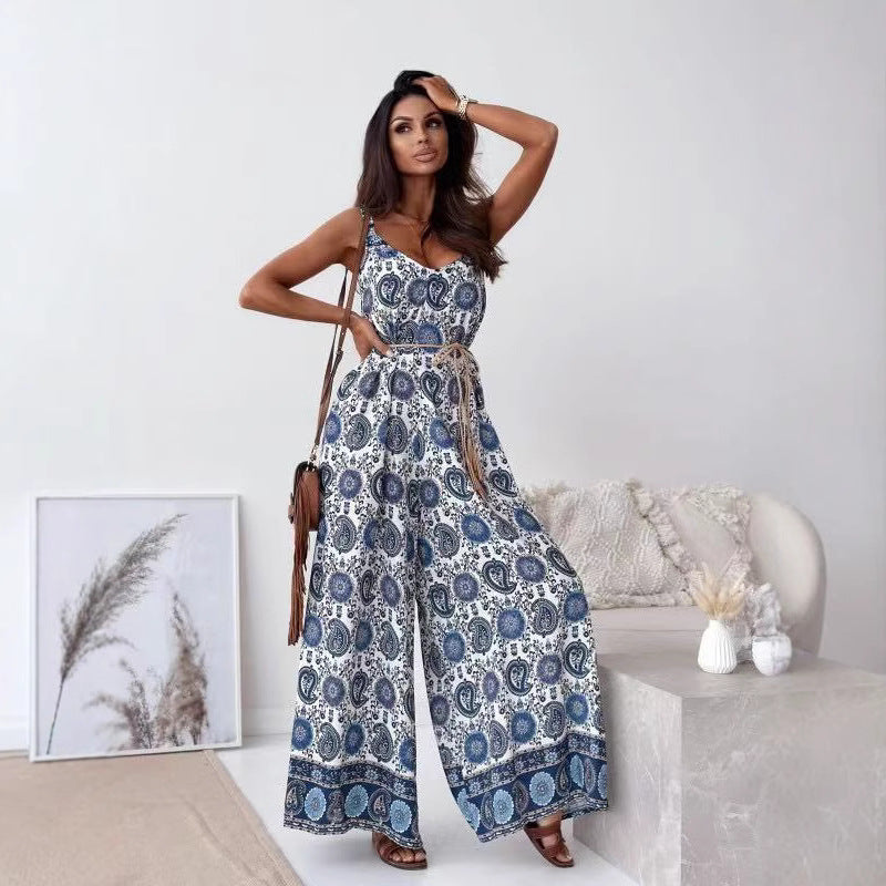 Women's Jumpsuit – V-neck – Spaghetti Straps – Wide Legs – Belt at Waist – Bohemian Style