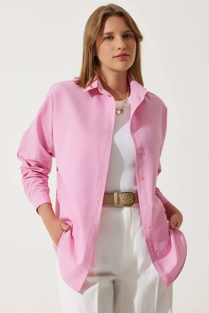 Women's Blouse – Oversized Fit – Long-Sleeved – Cotton Blend – Shirt Collar