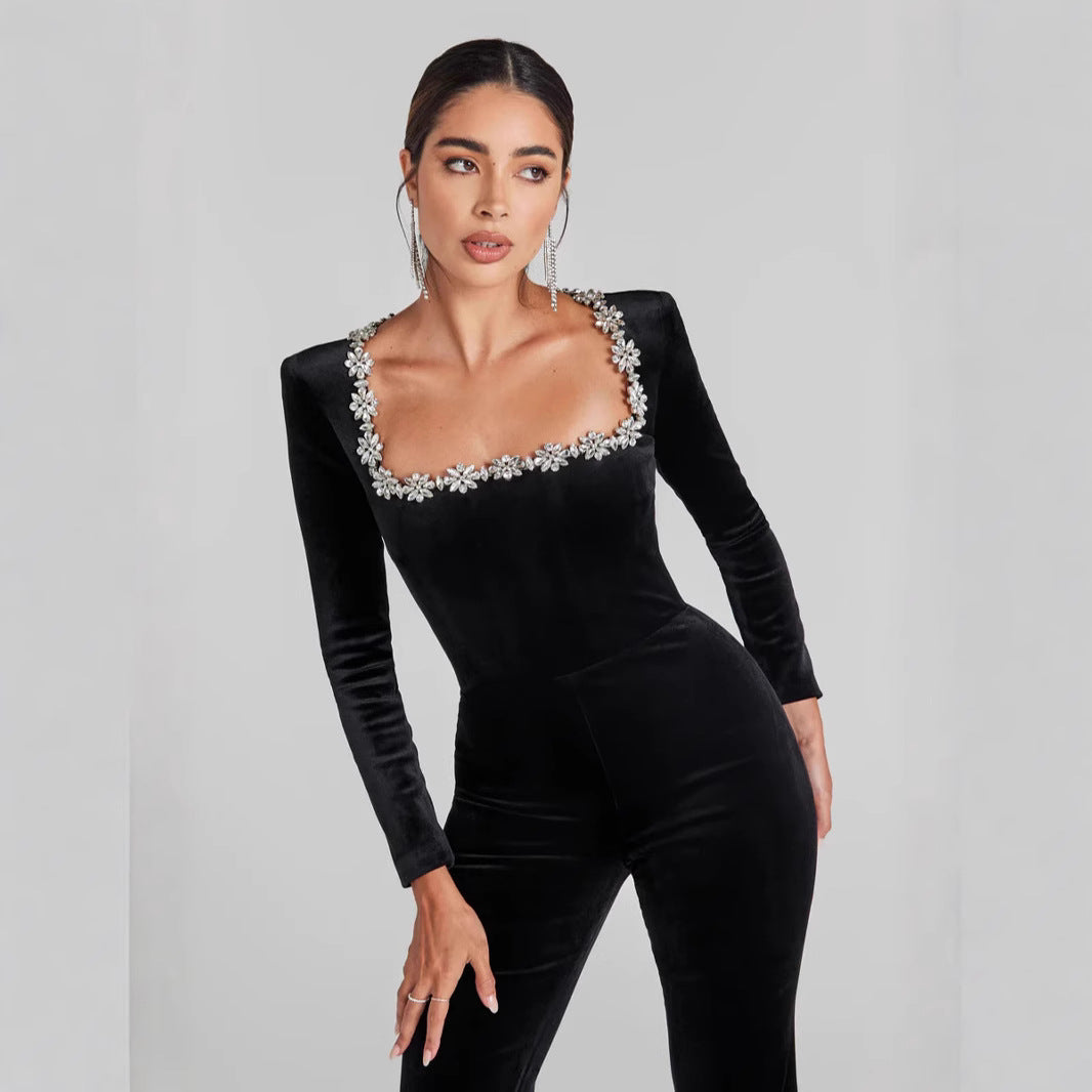 Women's Jumpsuit – Slim Fit – Velvet – Flared Legs – Embellished Neckline – Long Sleeves