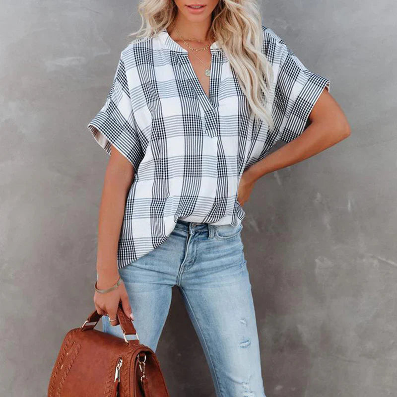 Women's Blouse – Relaxed Fit – Check Pattern – Light Cotton – Short Sleeves