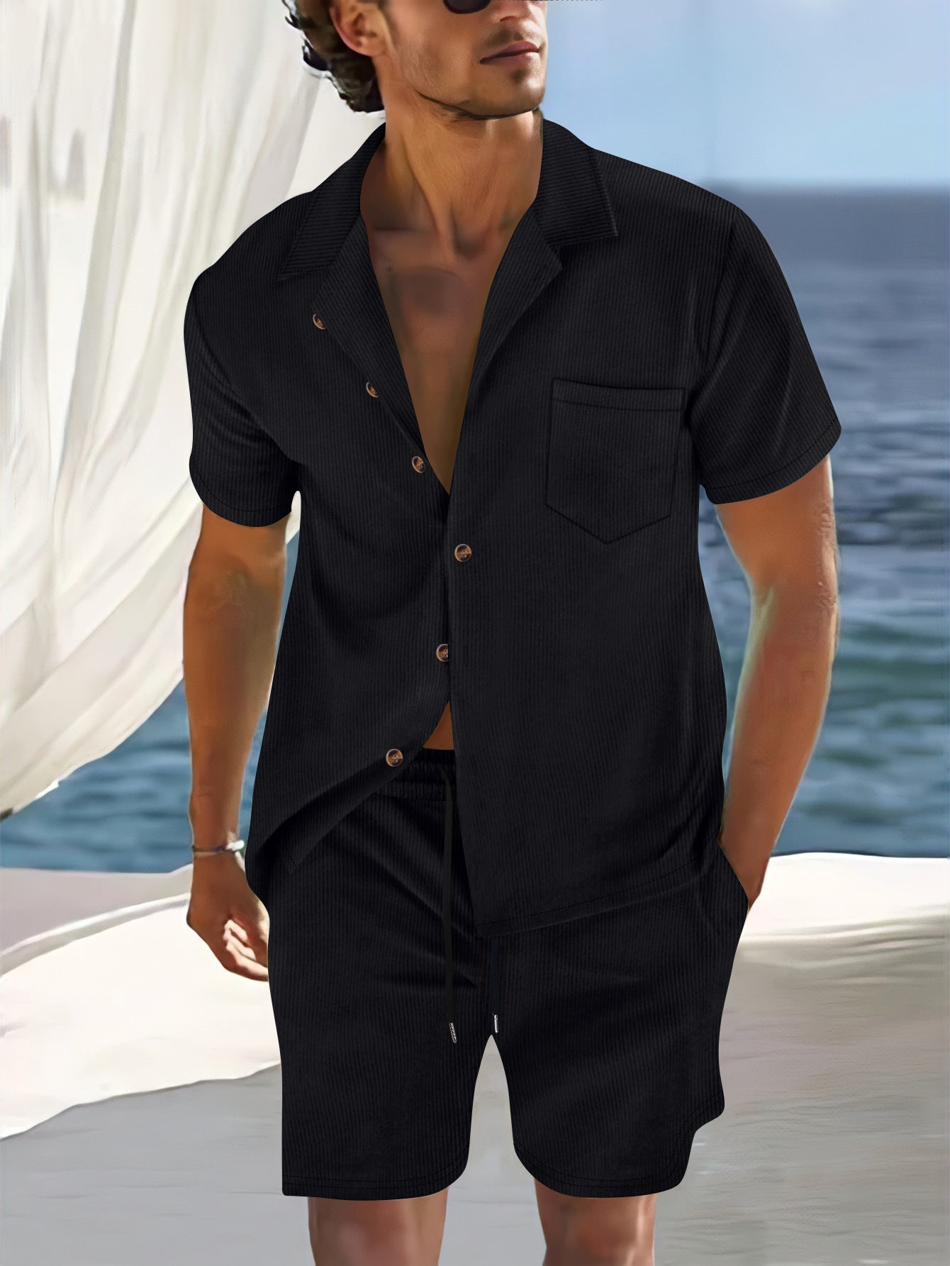 Men's Set with Shirt and Shorts – Relaxed Fit – Cuban Collar – Lightweight Breathable Fabric