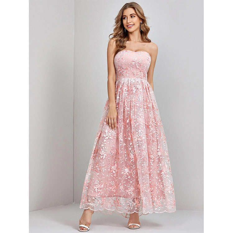 Dress for Women – Strapless Evening Dress – Lace with Embroidery – Full Length and Flared Fit