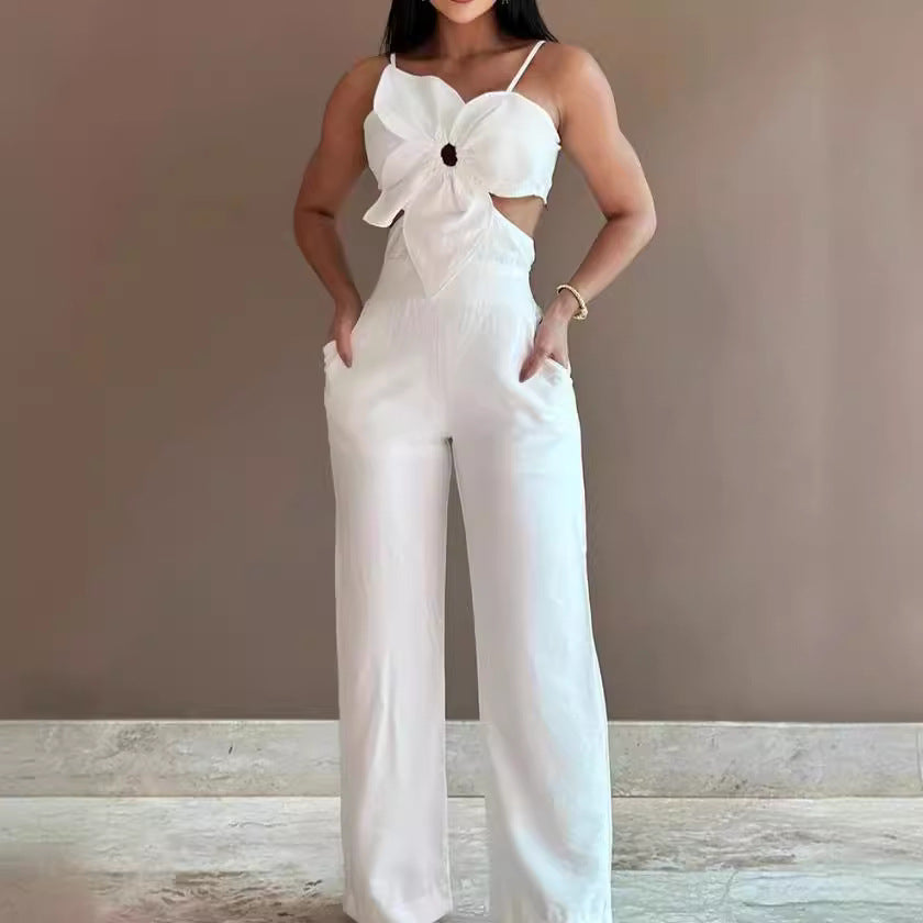Women's Jumpsuit – Wide Leg – Spaghetti Straps – Bow Detail – Low Back