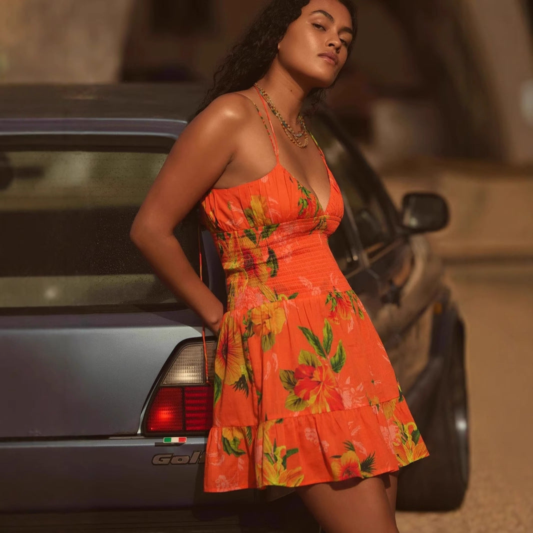Women's Dress – Cotton – Smocked Bodice – A-line – Spaghetti Straps – Short Length