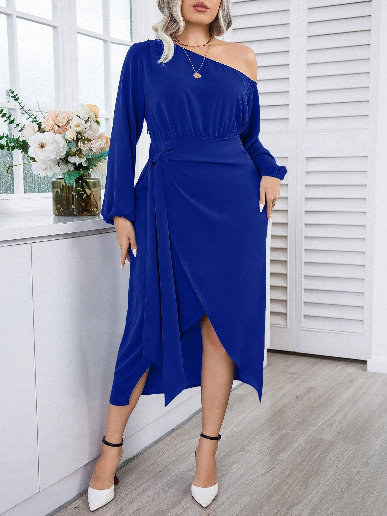 Women's Dress – Wrap Design – Asymmetric Neckline – Midi Length – Long Sleeves
