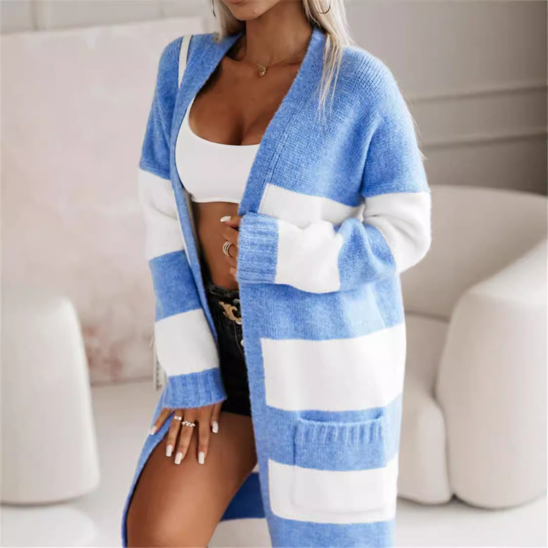 Women's Cardigan – Oversized Fit – Knitted Wool Blend – Open Front – Striped Pattern