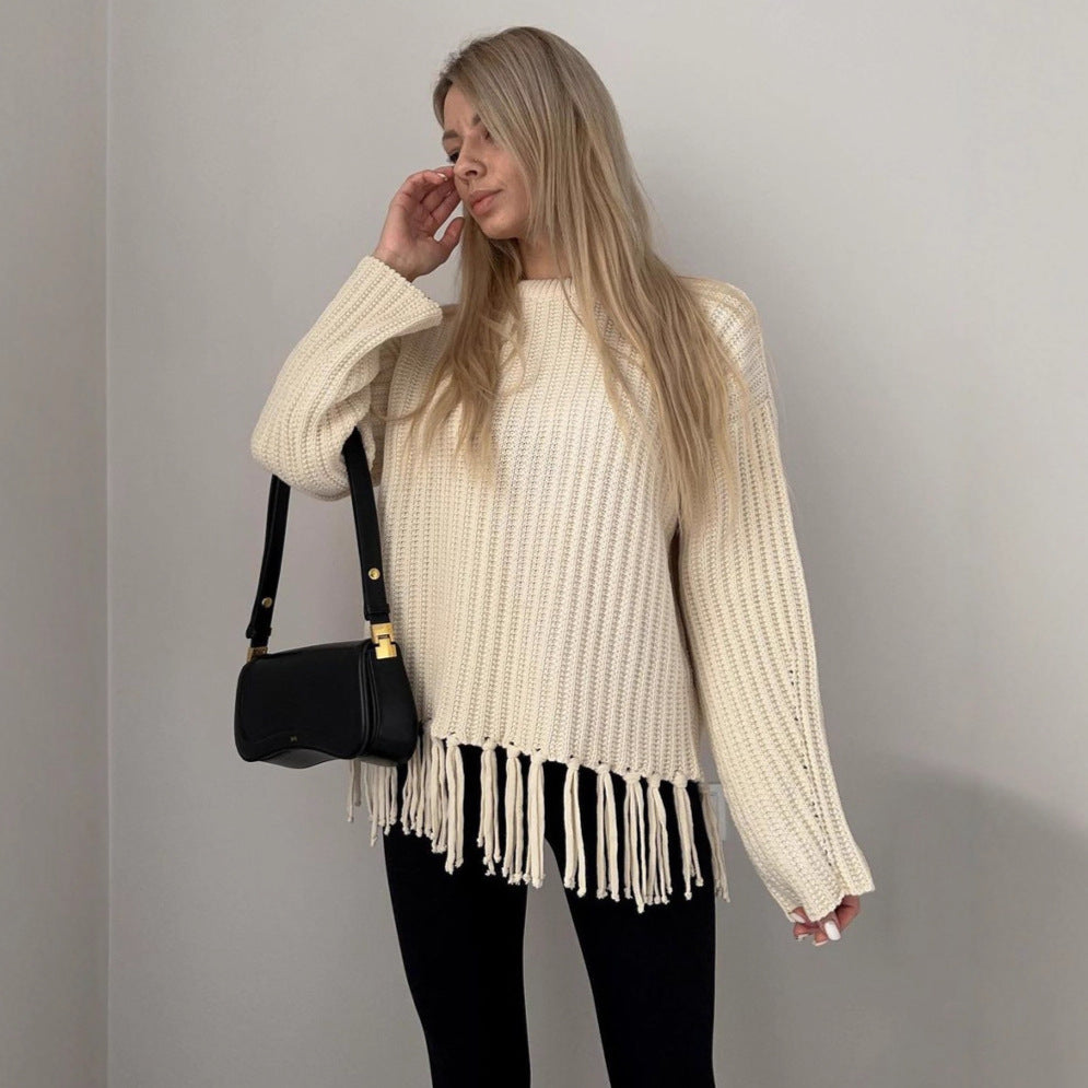 Women's Sweater – Oversized Fit – Wool Blend – Rib Knit – Fringe Hem