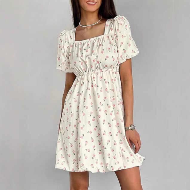Women's Dress A-line – Short Length – Puff Sleeves – Floral Print – Square Neckline