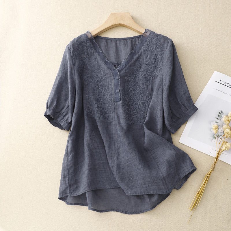 Women's Shirt with Short Sleeves – Loose Fit – Embroidered – Breathable Fabric – V-neck
