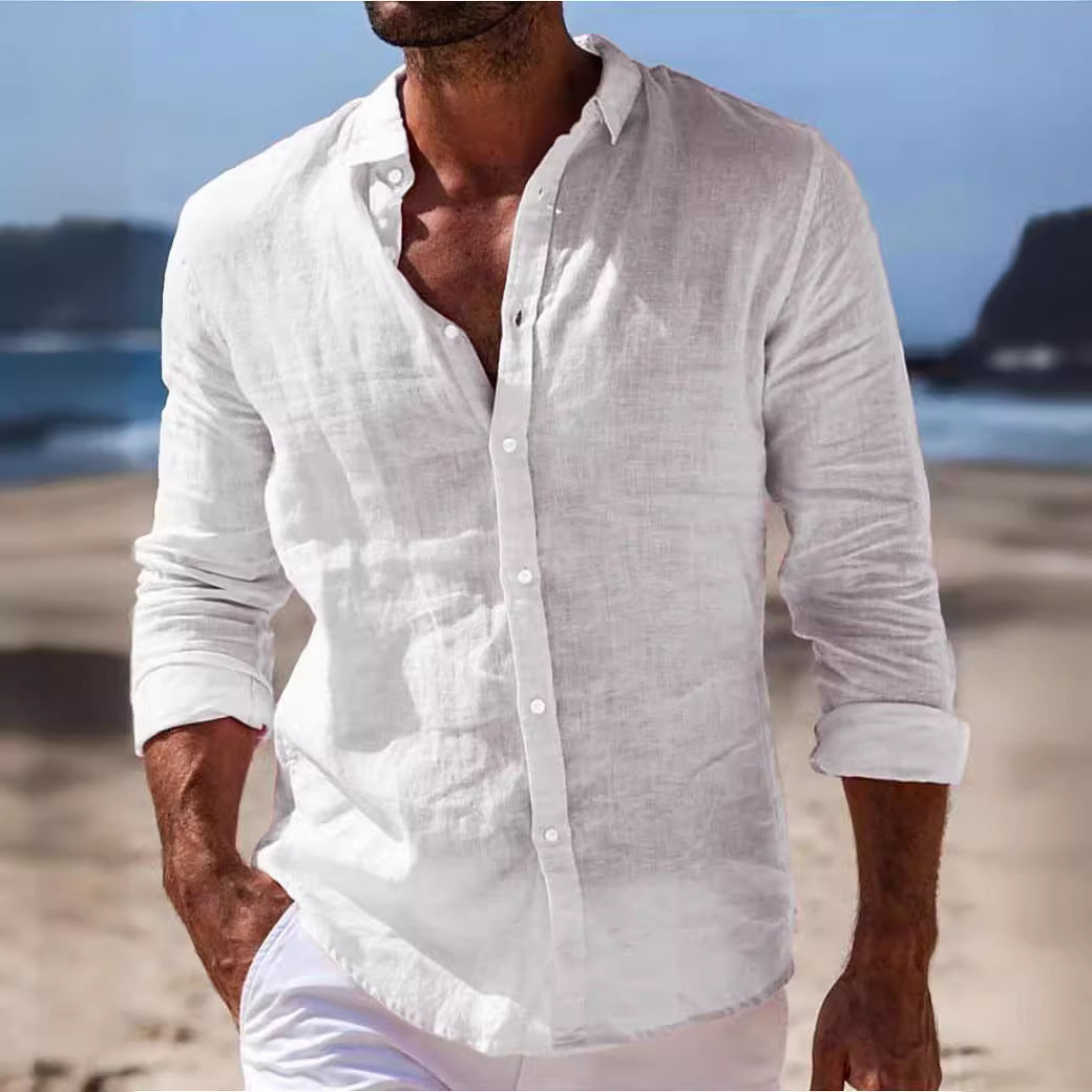 Men's Shirt with Buttons – Regular Fit – Long-Sleeved – Breathable Cotton-Linen Blend