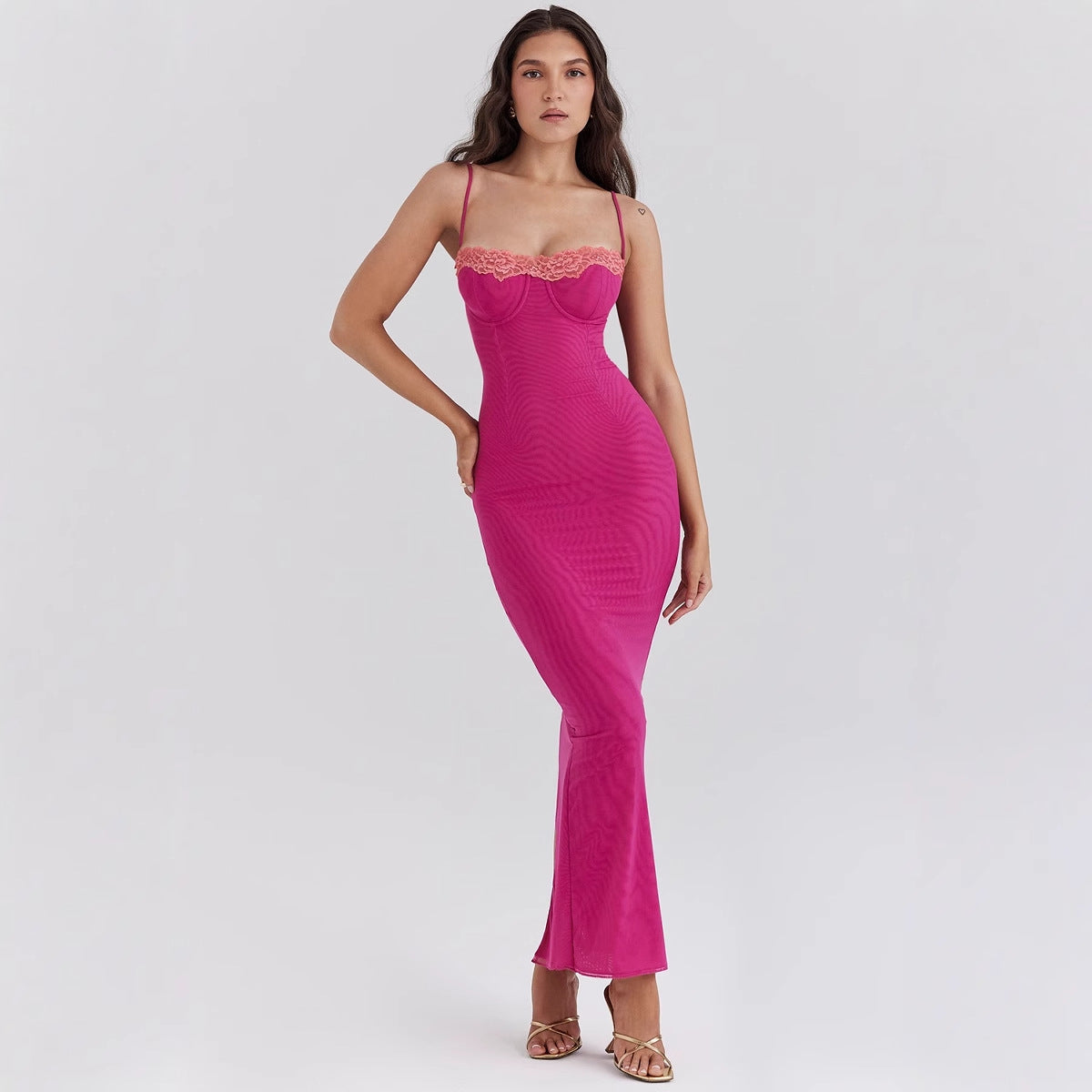 Women's Maxi Dress – Slim Fit – Strapless with Spaghetti Straps – Lace Trim – Transparent Hem