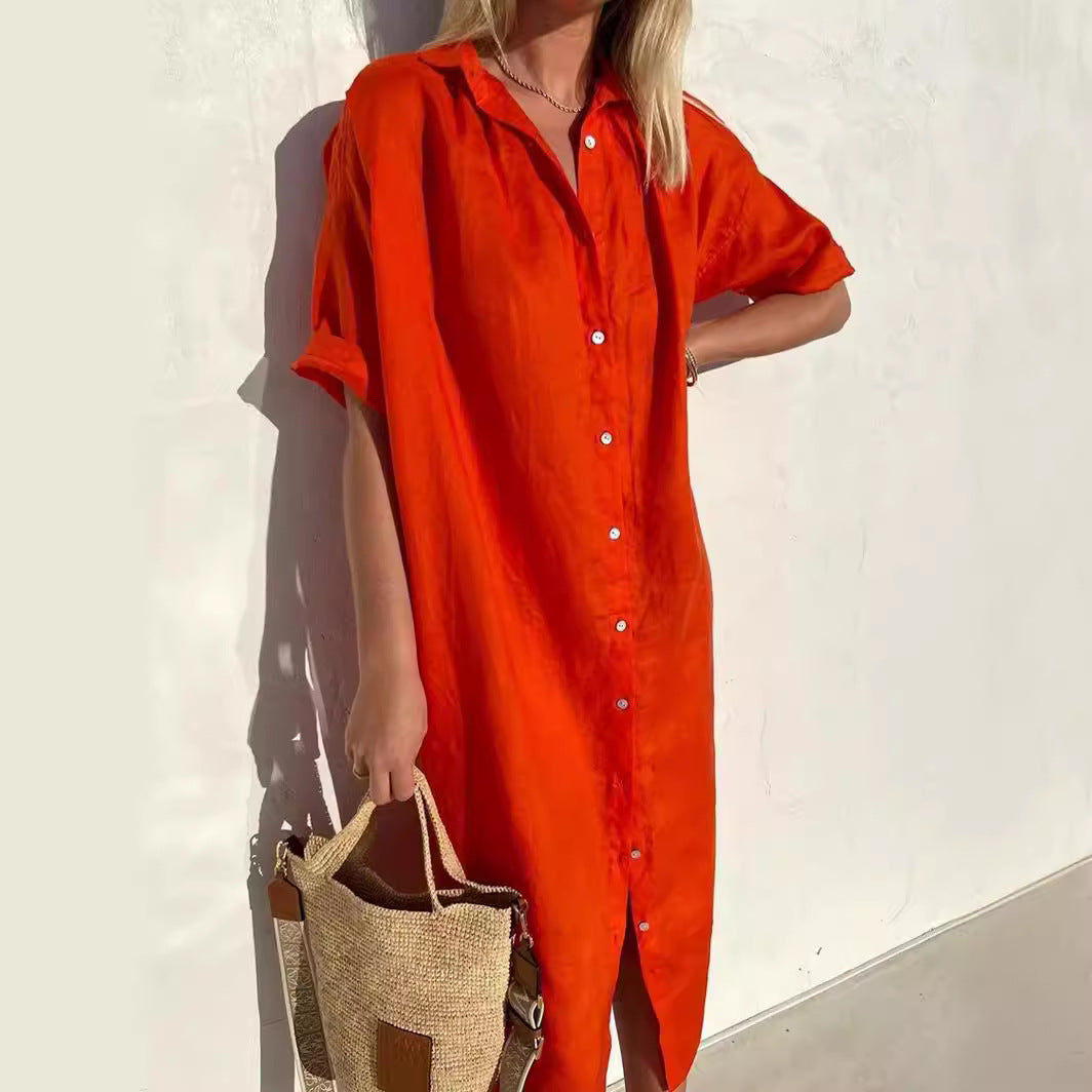 Women's Shirt Dress – Cotton Linen Blend – Relaxed Fit – Knee Length – Short Sleeved