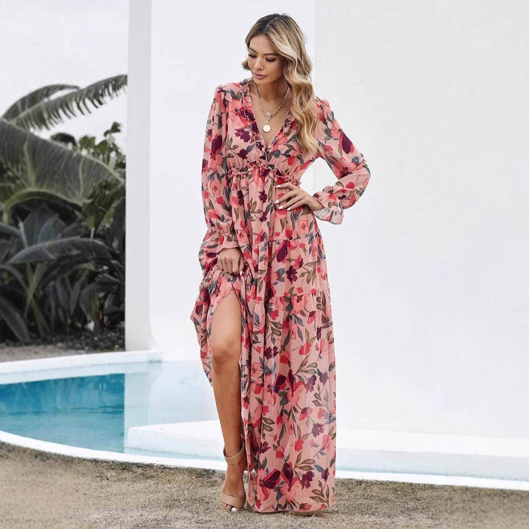 Kjole for dame – Chiffon – Bohemsk passform – V-hals – Lange ermer – Blomsterprint