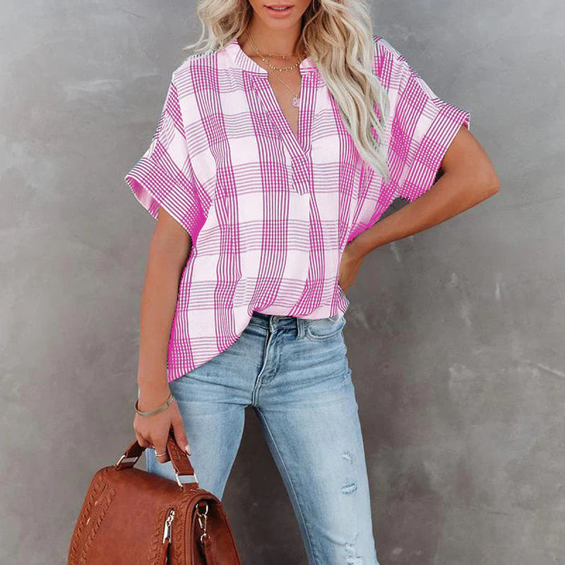 Women's Blouse – Relaxed Fit – Check Pattern – Light Cotton – Short Sleeves