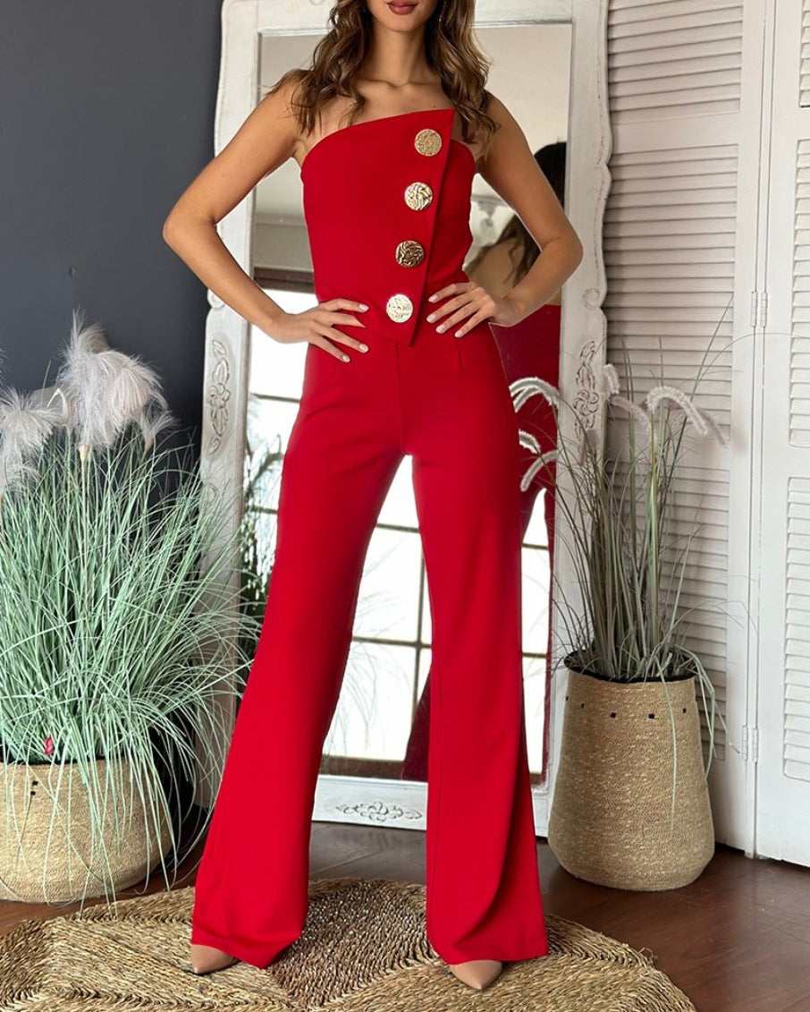 Women's jumpsuit – tailored fit – asymmetrical strapless top – flare legs