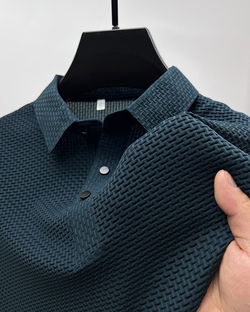 Men's Polo Shirt - Textured Waffle Pattern - Collar with Quarter Button Placket - Breathable