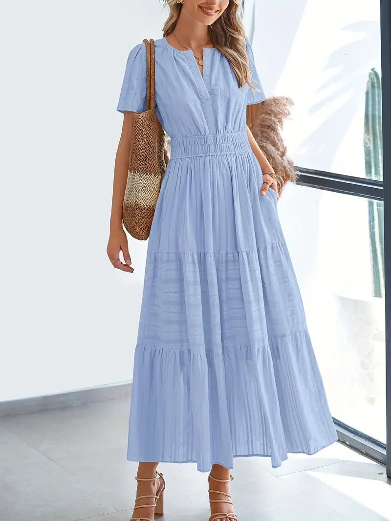Women's Maxi Dress – V-Neck – Puff Sleeves – Light A-Line – Ruched Waist – Layered Skirt