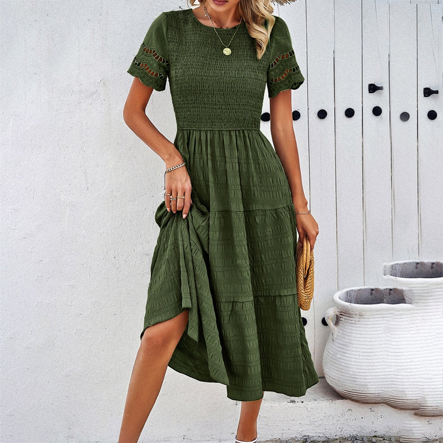 Dress for Women – Midi Length – Smocked Bodice – Tiered Skirt – Short Sleeves with Cutout