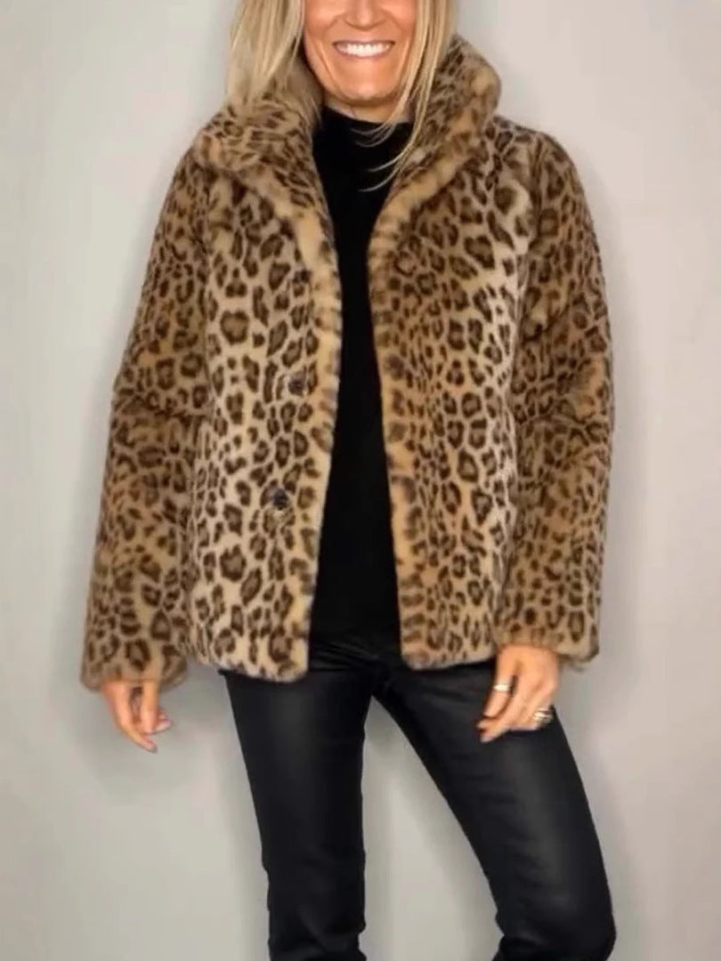 Women's Coat – Faux Fur – Oversized Fit – Animal Print – Open Front – Notch Collar