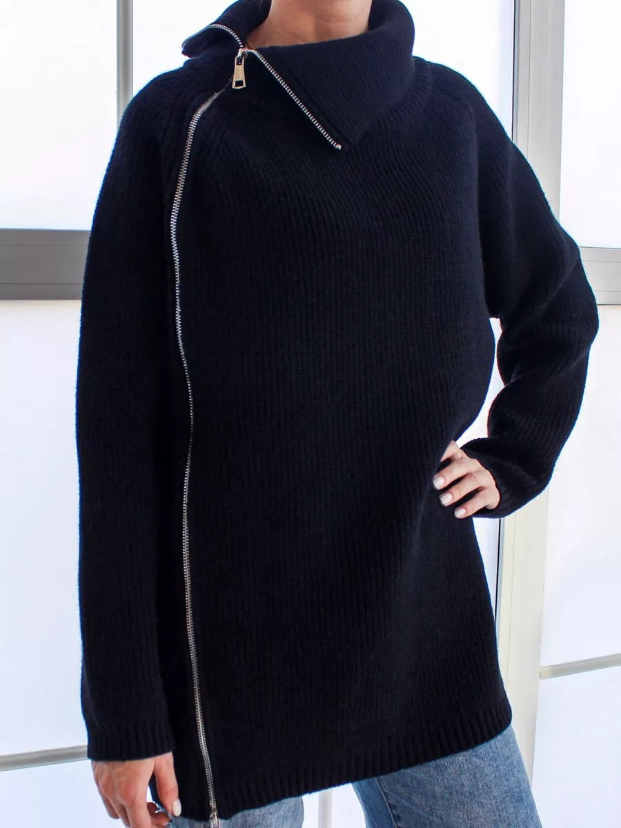 Women's Sweater – Oversized Fit – Ribbed Knit – Asymmetric Zipper – Large Collar