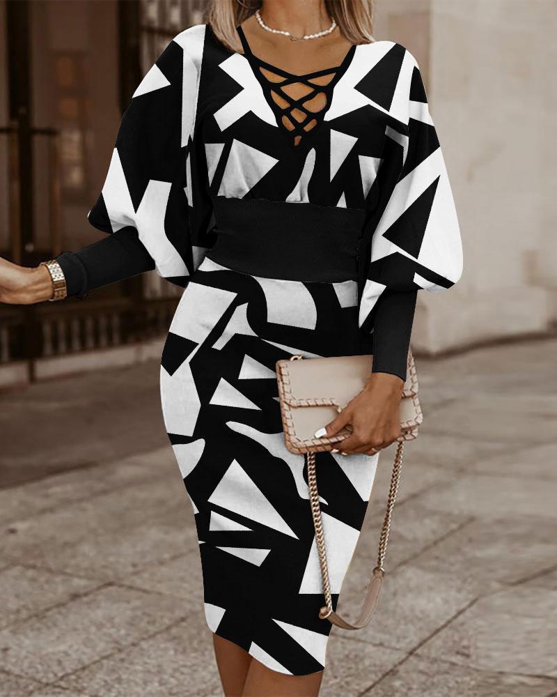 Dress woman – Bodycon fit – V-neck cross detail – Checkered pattern – Long sleeves