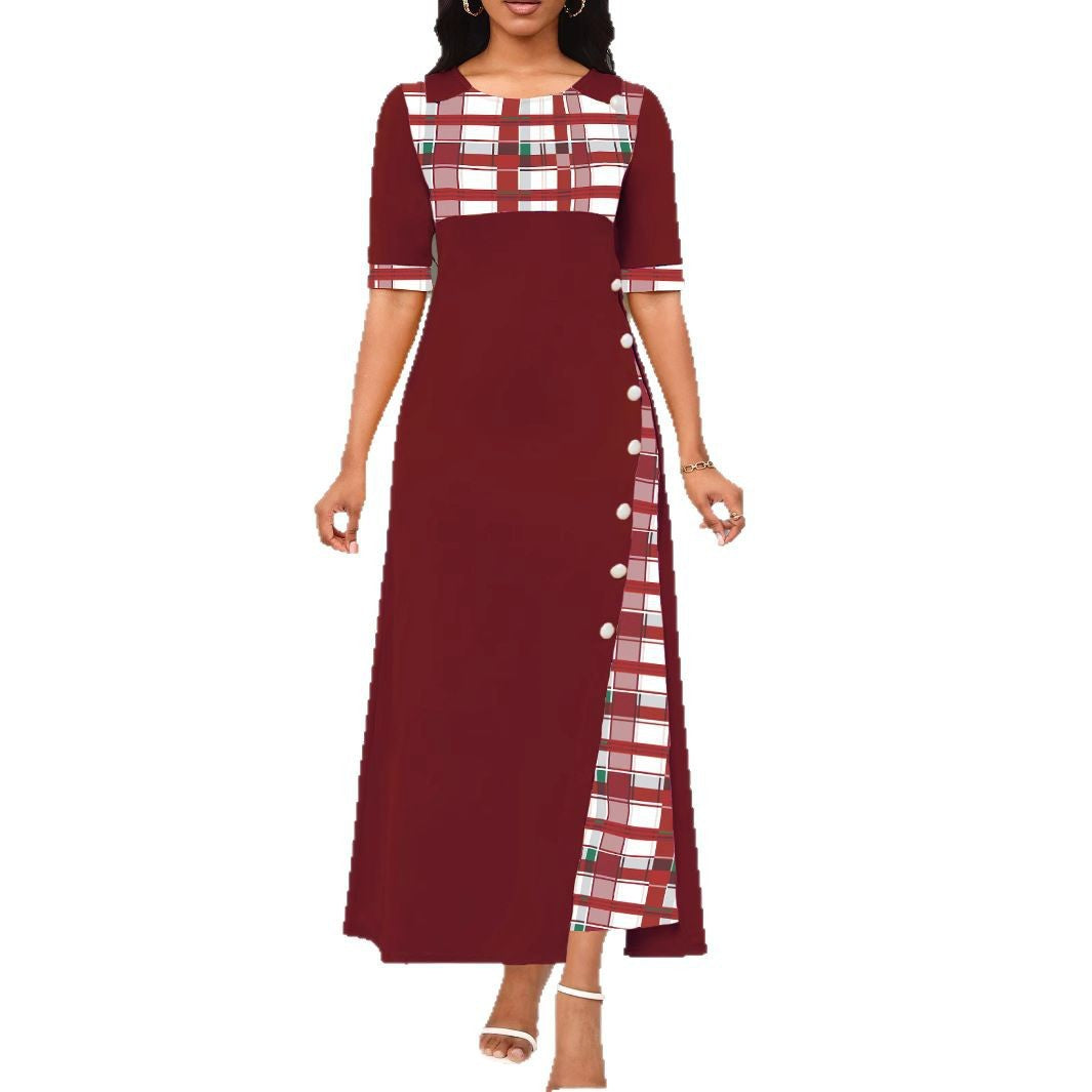 Dress woman long – Tailored fit – Round neck – Mid sleeve – Asymmetric check pattern