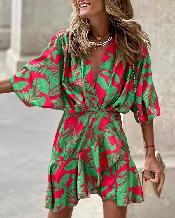 Women's A-line Dress – V-neck – Batwing Sleeves – Uneven Hem – Relaxed Fit