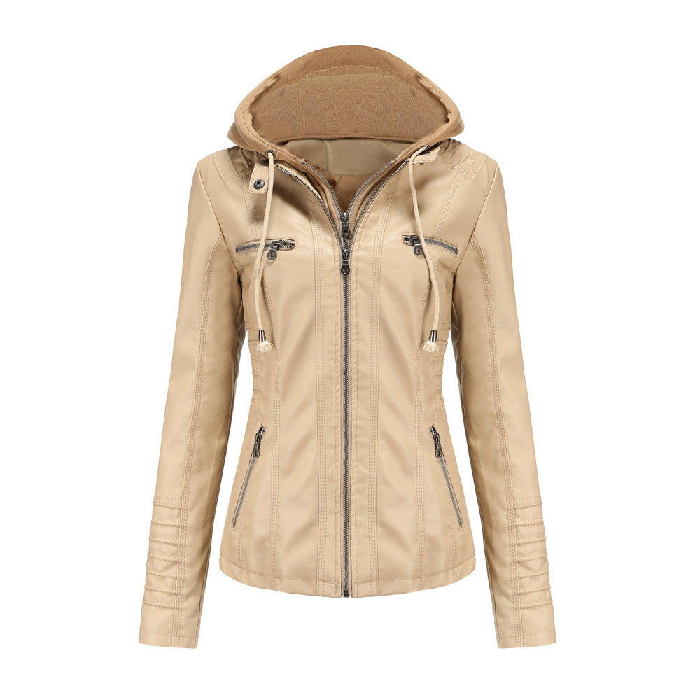 Women's Jacket with Hood – Slim Fit – Faux Leather – Detachable Hood – Zipper Pockets