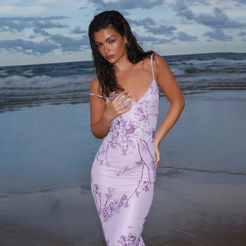 Women's Maxi Dress – Slim Fit – Satin Blend – V-Neck with Spaghetti Straps – Floral Pattern
