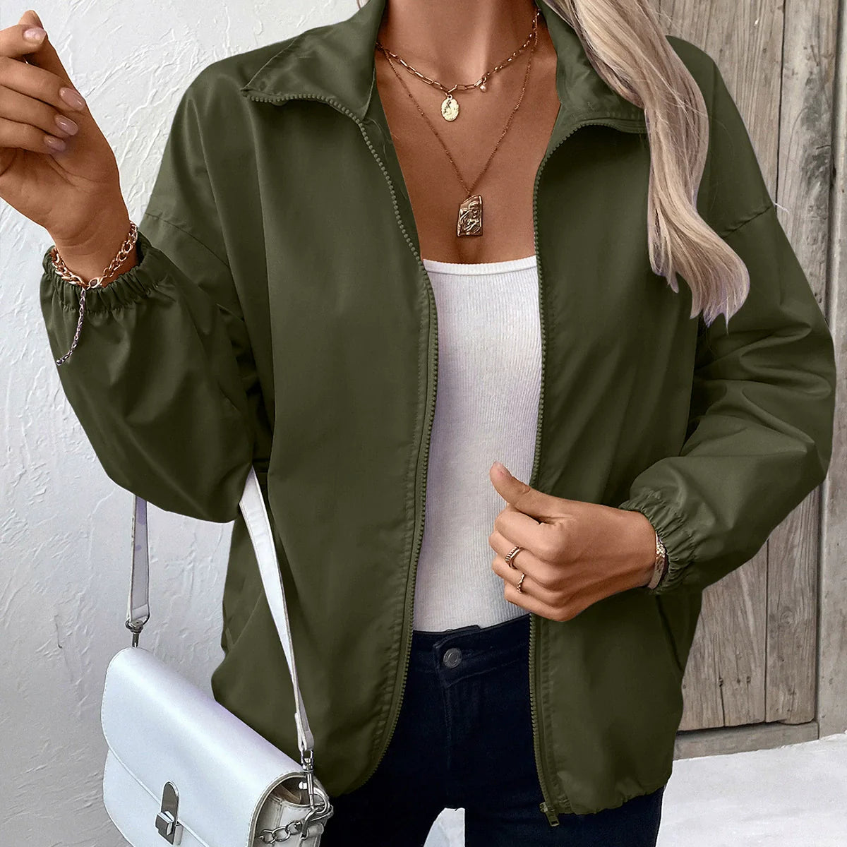 Women's Jacket – Waterproof – Relaxed Fit – Hip Length – Zipper – Elastic Cuffs