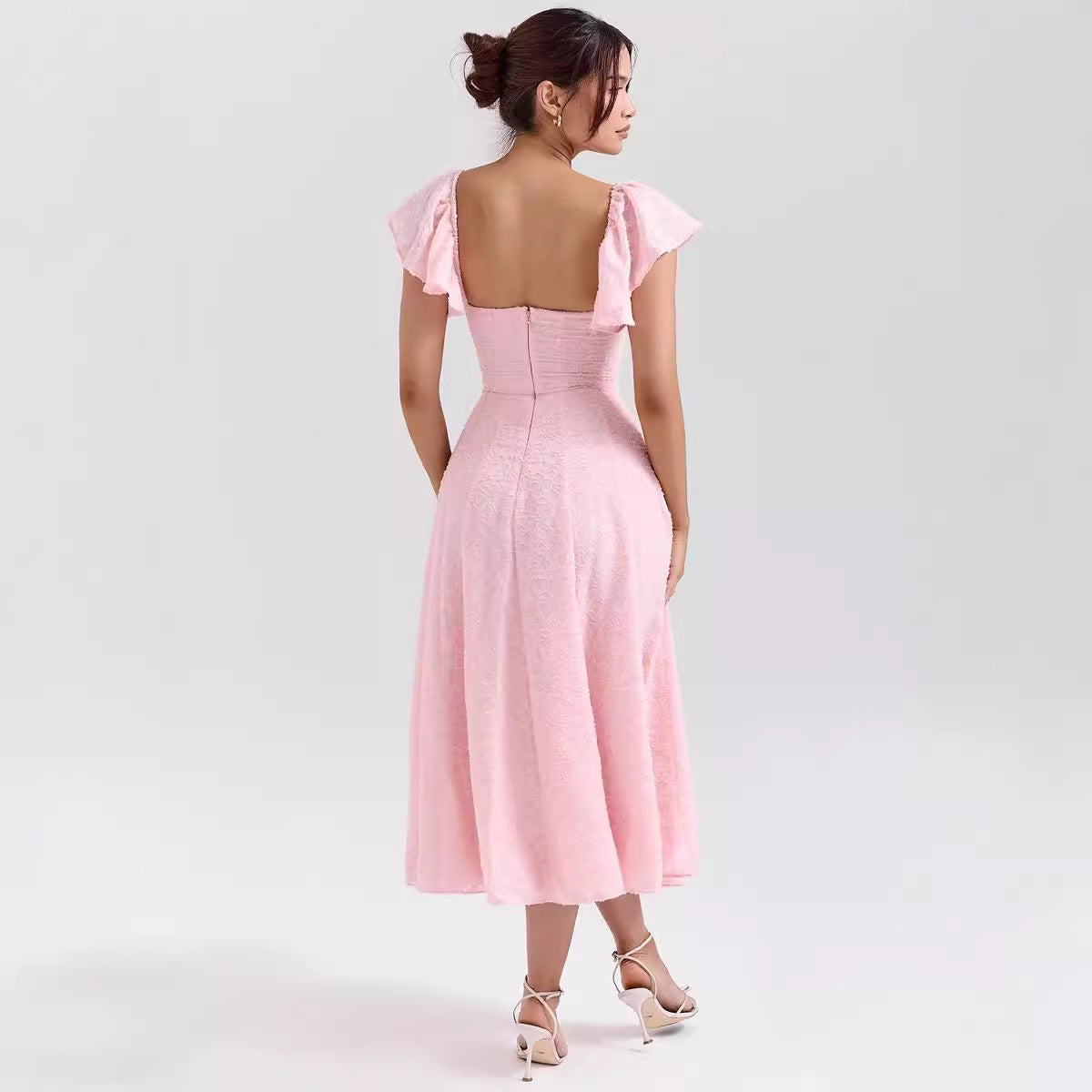Dress woman midi – Jacquard fabric – A-line – Square neckline – Ruffle sleeves