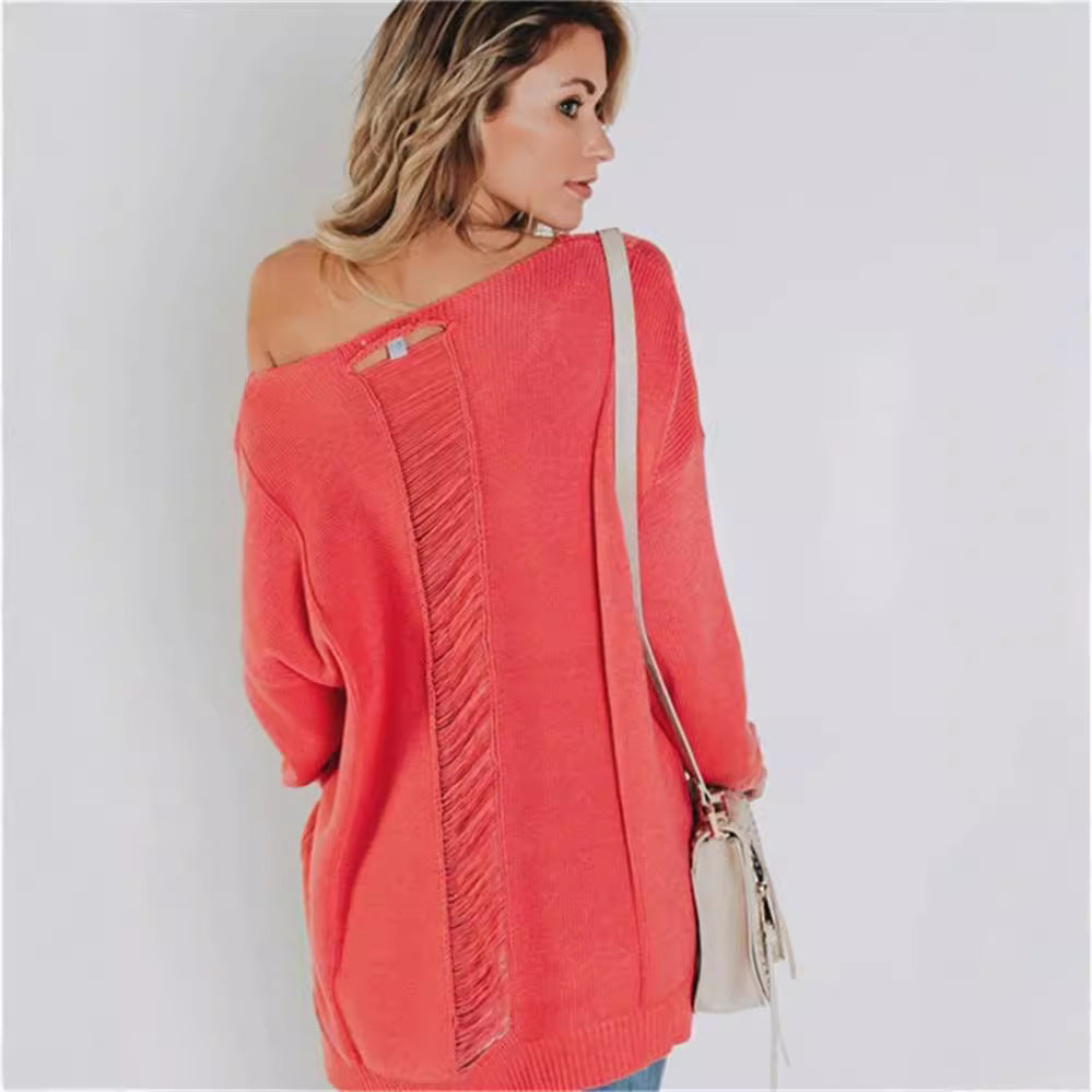 Women's Knitted Sweater – Oversized Fit – V-neck – Textured Wool – Chest Pocket